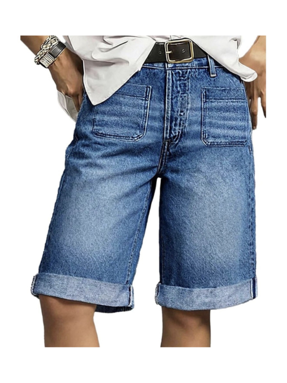 Flamingals Mid Rise Denim Bermuda Knee Length Roll Hem Shorts for Women M